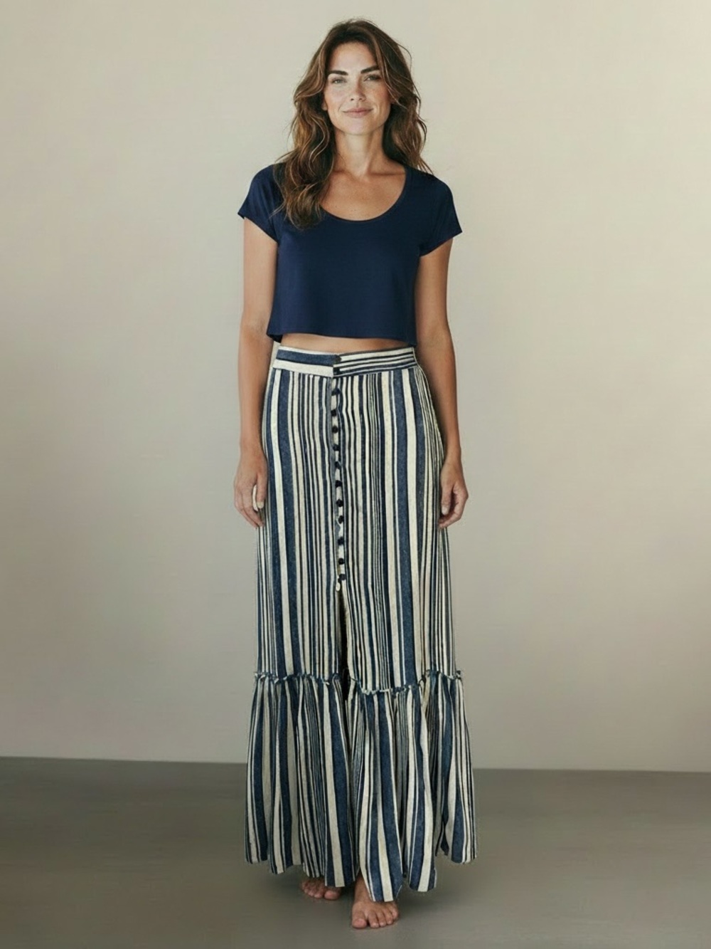 Band Of Gypsies Striped Button Front Maxi Skirt Small Boho Blue & White